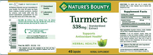 Nature's Bounty Turmeric Pills and Herbal Health Supplement, Supports Joint Pain Relief and Antioxidant Health, 538mg, 45 Capsules