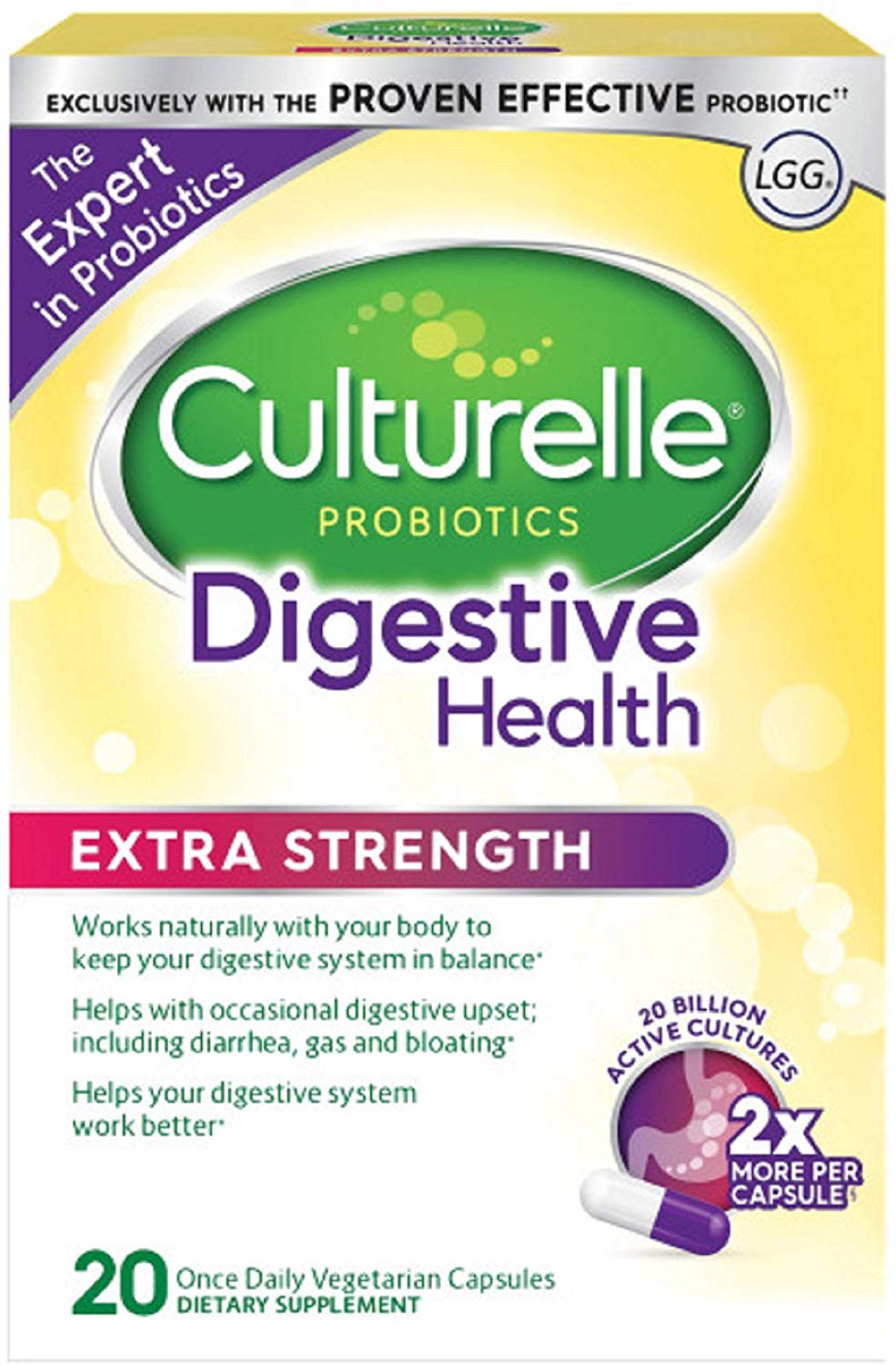 Culturelle Extra Strength Digestive Health Daily Formula, One Per Day Dietary Supplement, Contains 100% Naturally Sourced Lactobacillus GG –The Most Clinically Studied Probiotic 20 Count