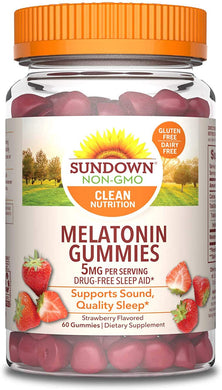 Sundown Melatonin 5 Milligram Gummies (Count 60), Strawberry Flavored, Supports Sound, Quality Sleep Non-GMO, No Artificial Flavors, 60 Counts