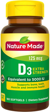 Nature Made Extra Strength Vitamin D3 5000 IU (125 mcg) Softgels, 180 Count for Bone Health