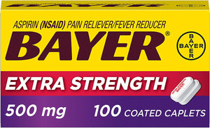 Extra Strength Bayer Aspirin 500mg Coated Tablets | Pain Reliever and Fever Reducer | 100 Count