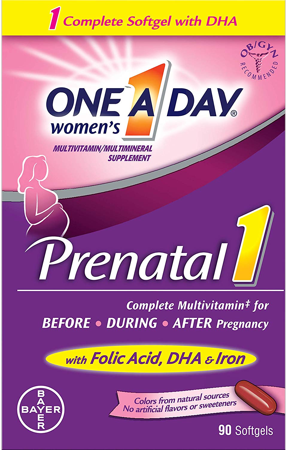 One A Day Women's Prenatal 1 Multivitamin, Supplement for Before, During, and Post Pregnancy, Including Vitamins A, C, D, E, B6, B12, and Omega-3 DHA, 90 Count