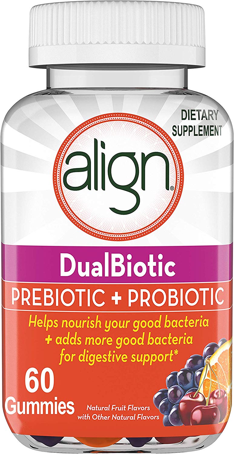 Align DualBiotic Prebiotic + Probiotic Supplement for Adult Men and Women, 60 Count, Digestive Support Gummies in Natural Fruit Flavors